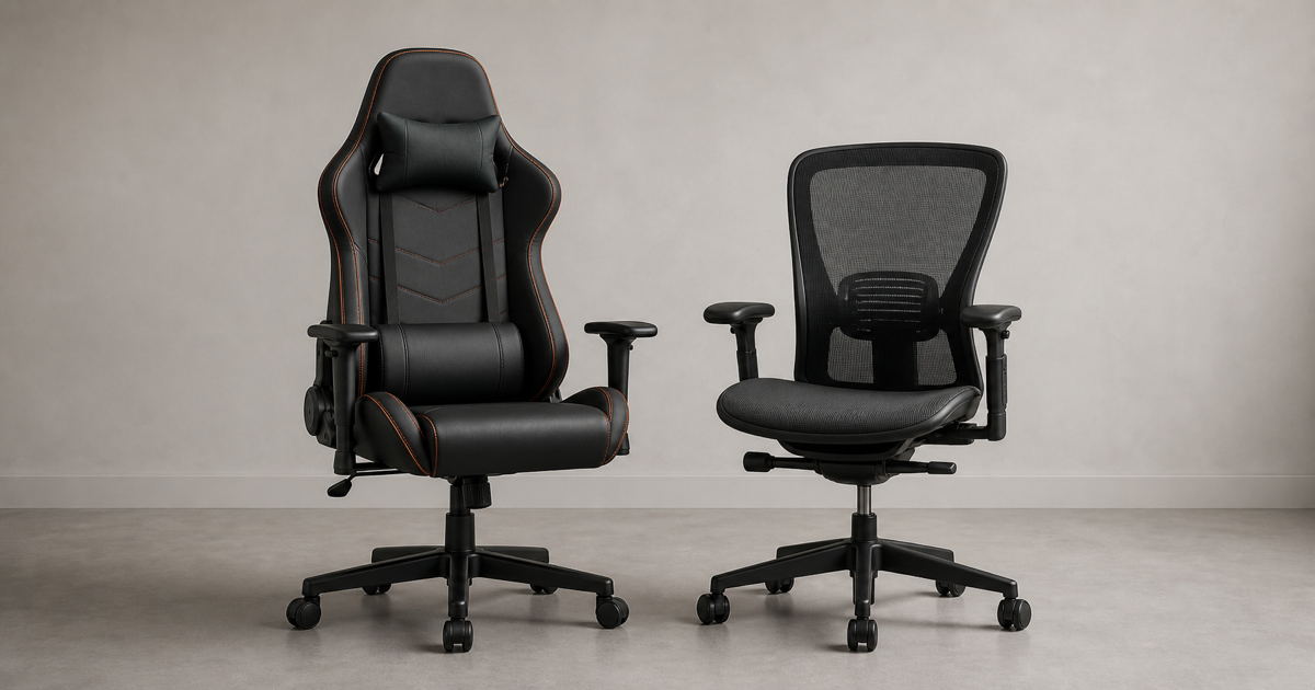 Klassieke gamestoel en ergonomische bureaustoel naast elkaar