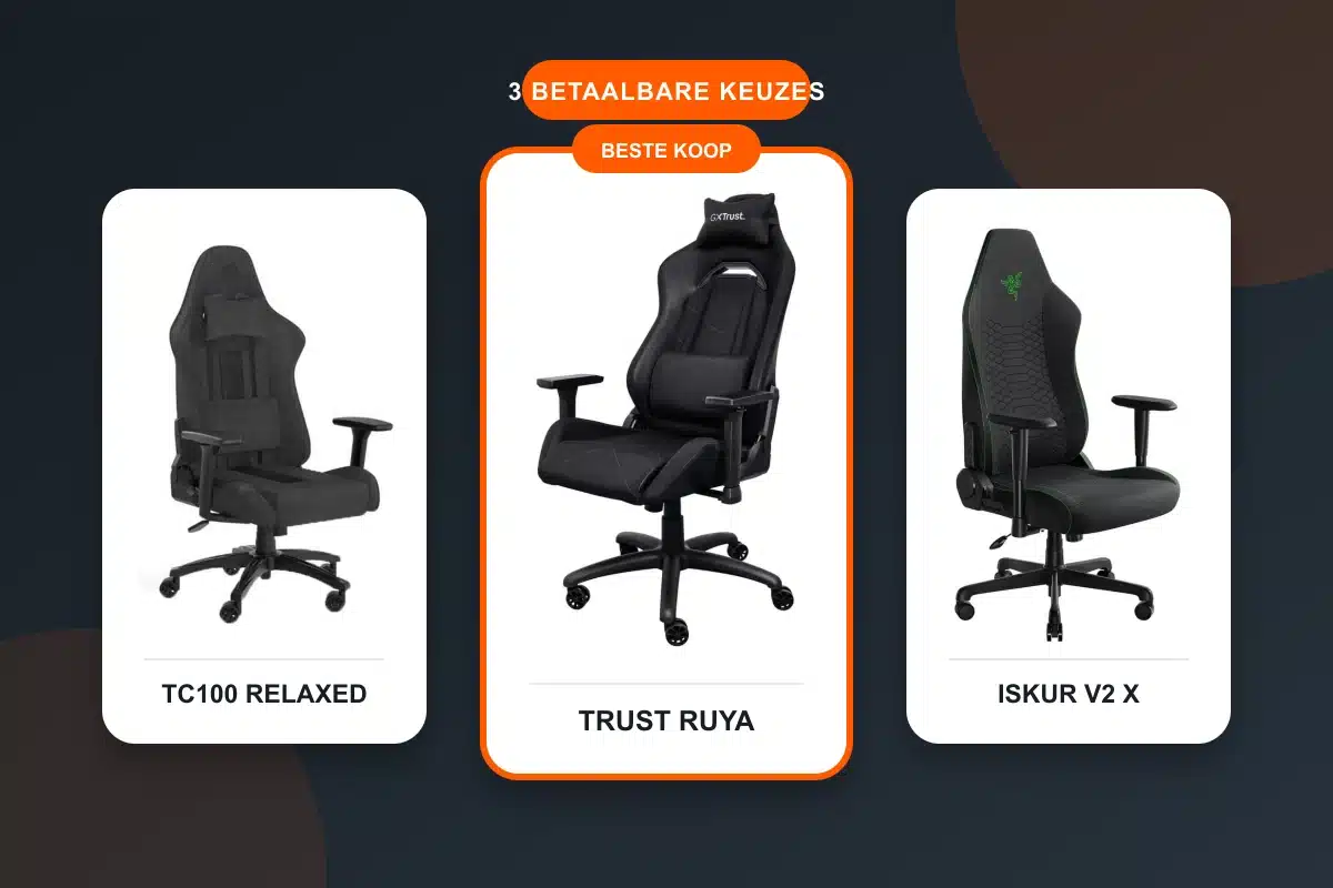 Corsair TC100 Relaxed, Trust GXT 714 Ruya en Razer Iskur V2 X naast elkaar