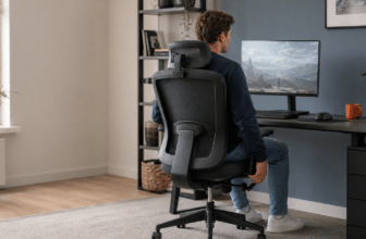 Persoon die de zithoogte van een instelbare stoel afstemt aan een bureau met monitor.