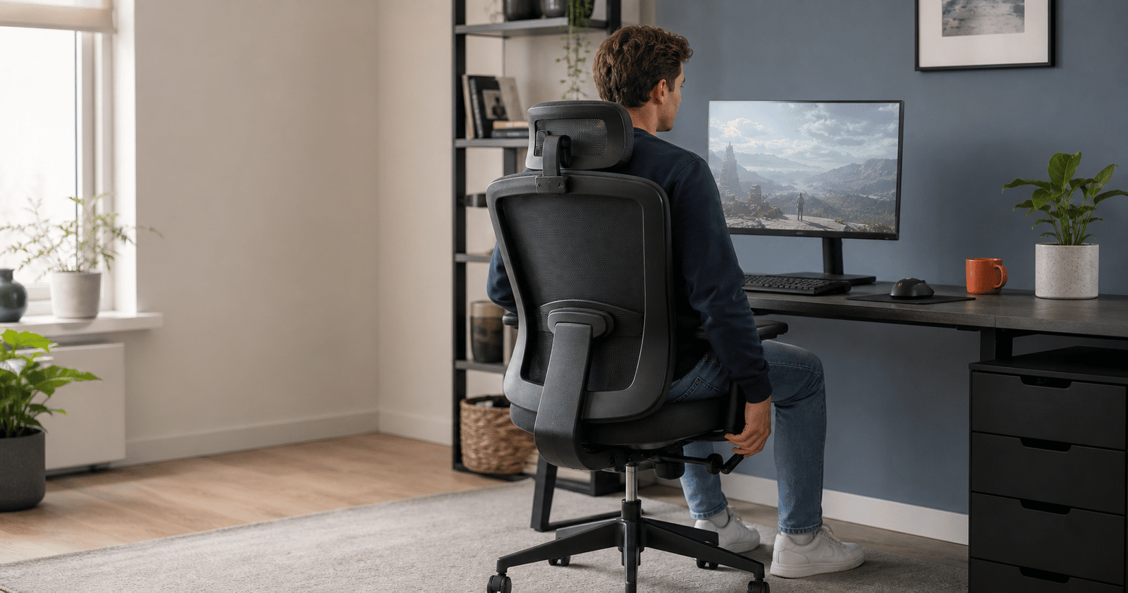 Persoon die de zithoogte van een instelbare stoel afstemt aan een bureau met monitor.