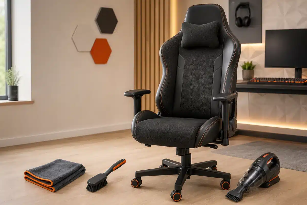 Gamestoel met microvezeldoeken, zachte borstel en handstofzuiger voor veilig onderhoud