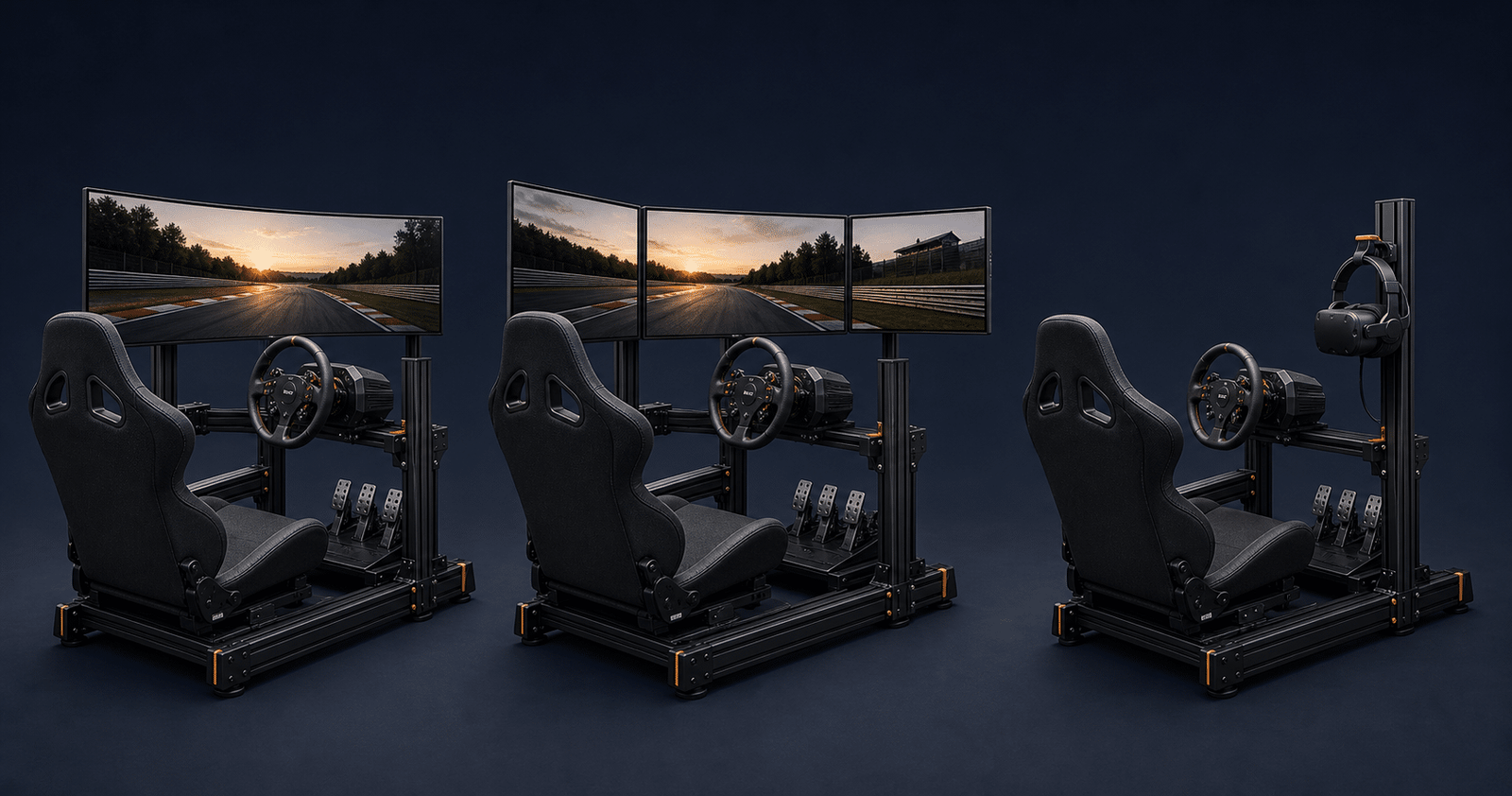 Drie sim-rigopstellingen naast elkaar: één scherm, triple schermen en VR