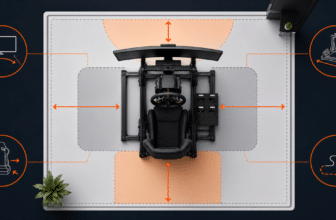 Bovenaanzicht van een sim-rig met zones voor frame, instappen, schermen en kabels