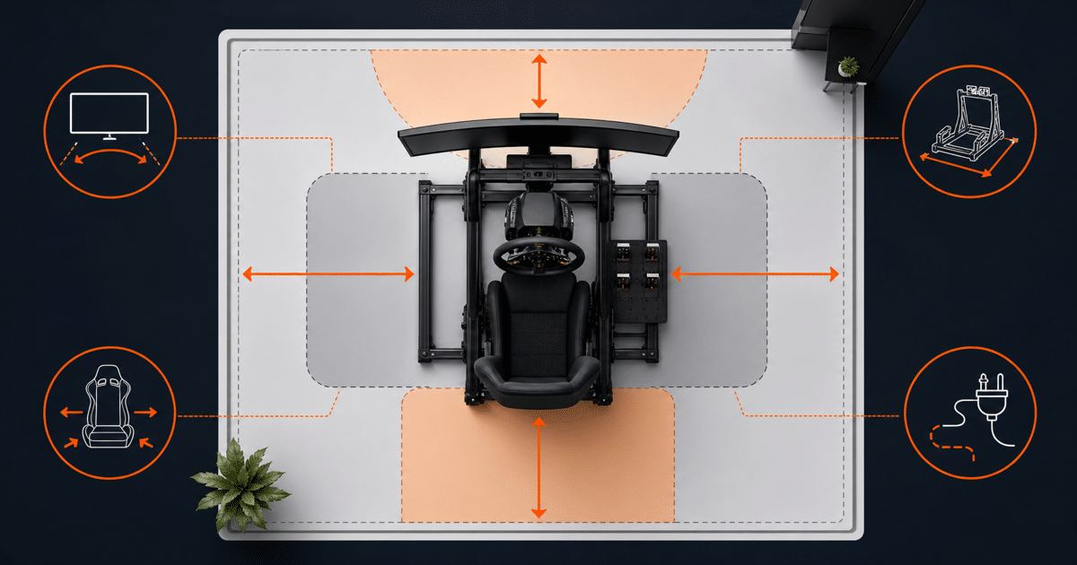 Bovenaanzicht van een sim-rig met ruimte voor instappen, schermen en kabels