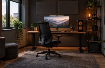 Compacte gaming kamer met bureau, stoel, nette kabels en rustige verlichting