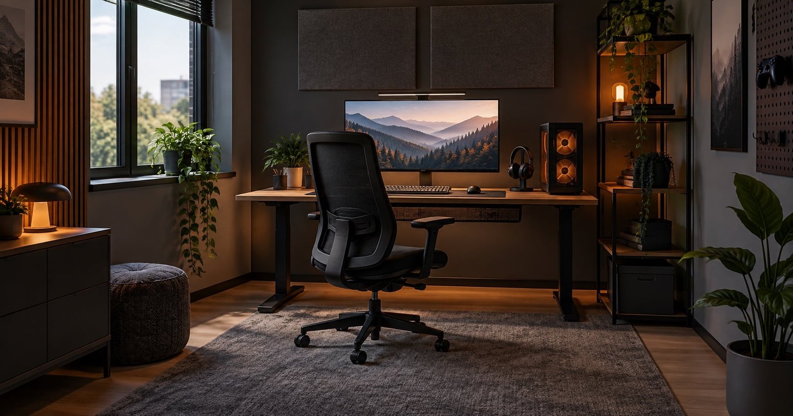 Compacte gaming kamer met bureau, stoel, nette kabels en rustige verlichting