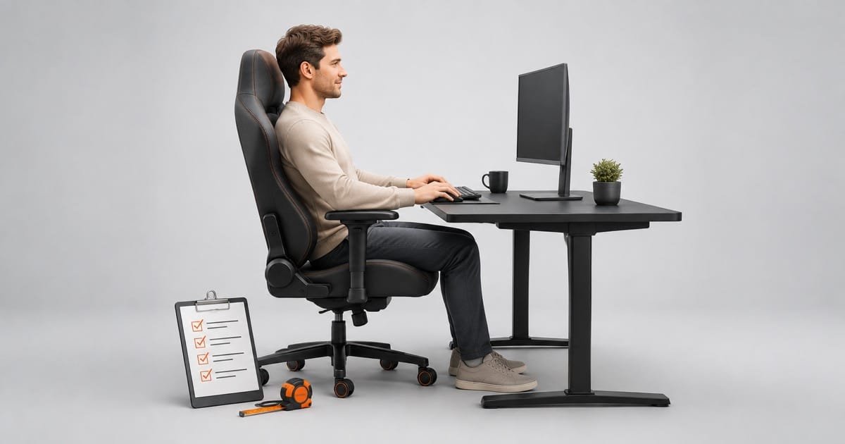 Illustratie van proefzitten aan een bureau, met een meetlint en checklist